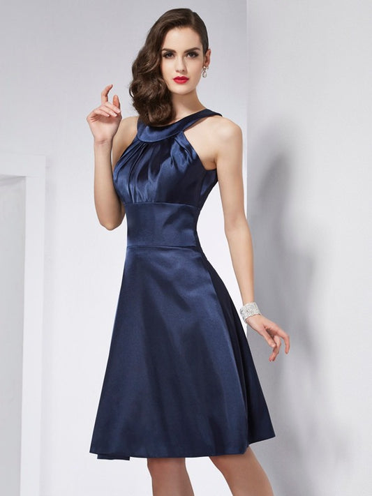 Vestido de dama de honor de satén tipo seda, corto, sin mangas, con pliegues y corte princesa, corte A/Princesa, para cóctel