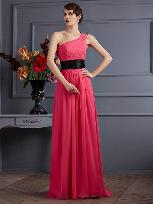 Vestido de noche de graduación de gasa largo con pliegues, sin mangas, de un solo hombro y corte princesa