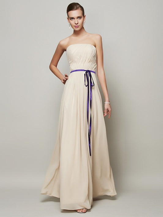 Vestido largo de gasa de corte A/princesa, sin tirantes, sin mangas, con faja/cinta/cinturón, para fiesta de noche