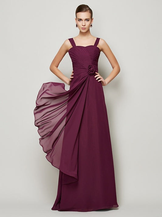 Vestido de noche de graduación de gasa largo con tirantes princesa, sin mangas, con flores hechas a mano