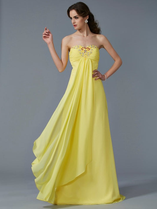 Vestido de noche de graduación de gasa largo con escote corazón, sin mangas y cuentas, corte princesa/corte A