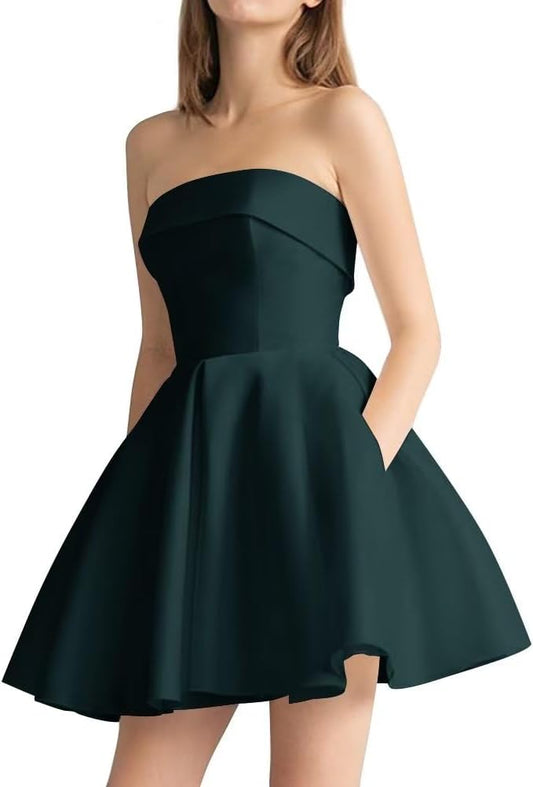 Vestido de fiesta corto de satén sin tirantes para mujer, con bolsillo, corte en A, con purpurina, para fiesta de noche