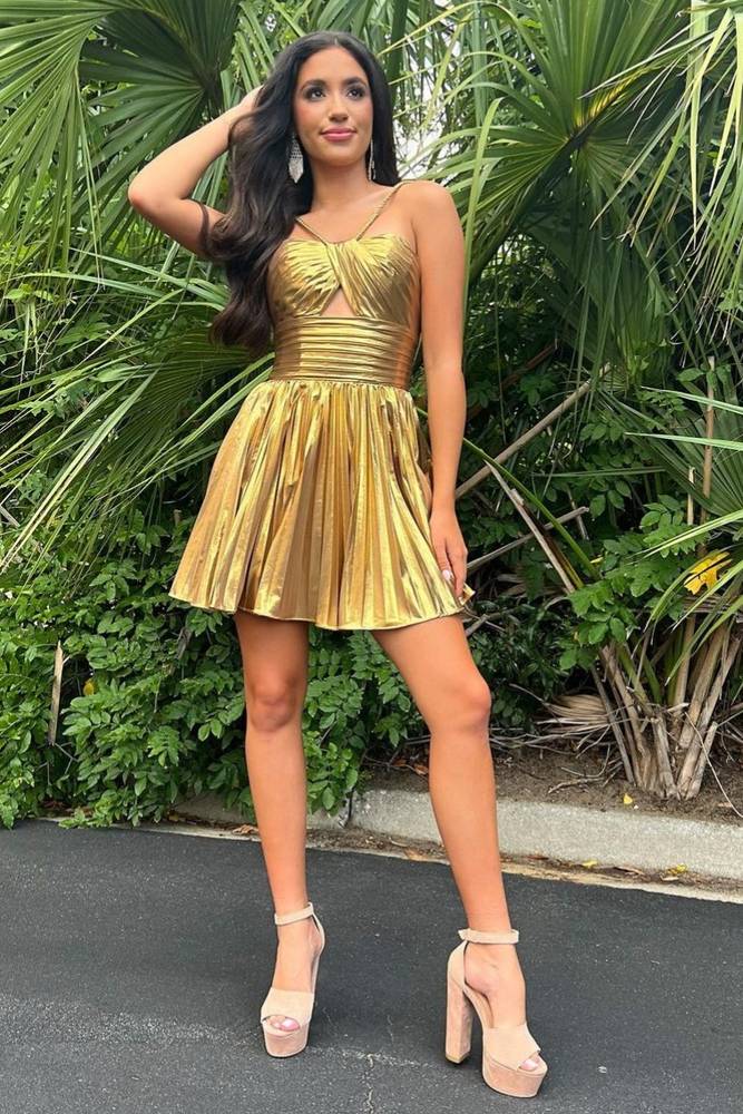 pleated homecoming dress Sherri Hill Pleated Metallic Prom Dress 55930 Champagne / 8