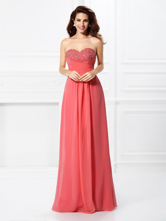 Vestido de noche de graduación de gasa largo sin mangas con escote corazón y cuentas de corte A/princesa