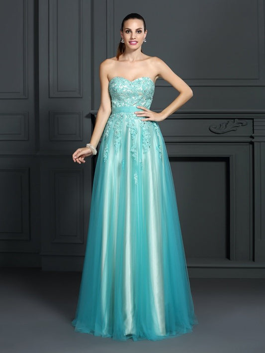 Vestido de noche de graduación con corte A/princesa, escote corazón, apliques, sin mangas, largo, de satén tipo seda