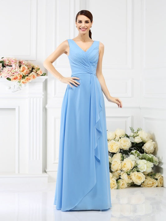 Sheath/Column V-neck Beading Sleeveless Long Chiffon Bridesmaid Dresses Evening Dress
