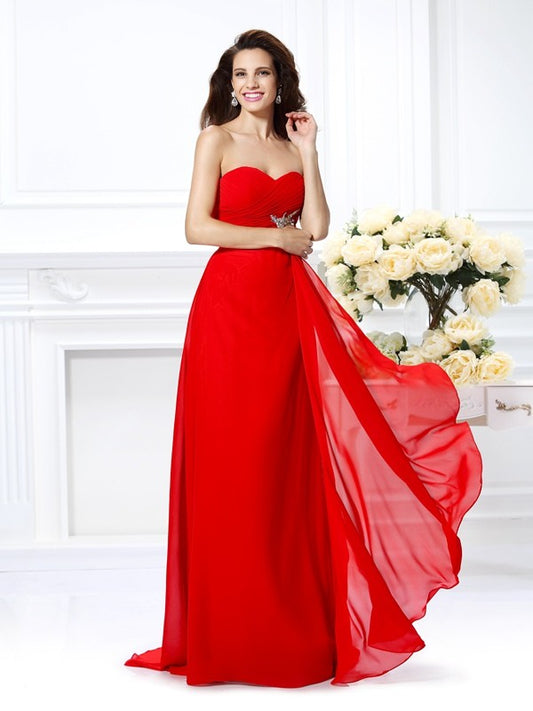 Vestido de noche de graduación de gasa largo sin mangas con escote corazón y cuentas de corte A/princesa