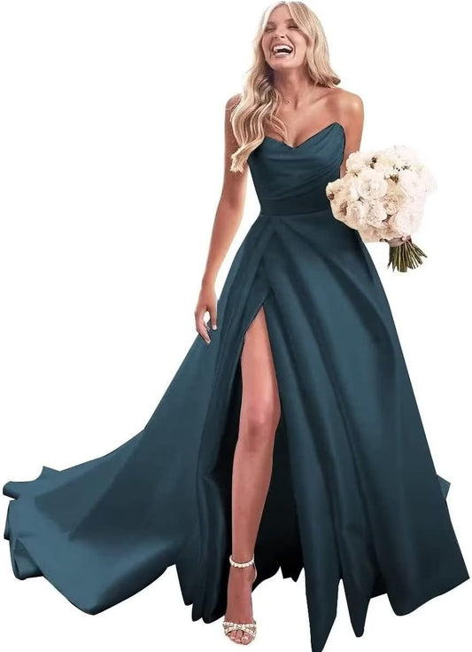 Vestidos de fiesta sin tirantes, vestido largo de baile de satén, vestido de novia para novia, línea A, vestidos de fiesta de noche formales con abertura