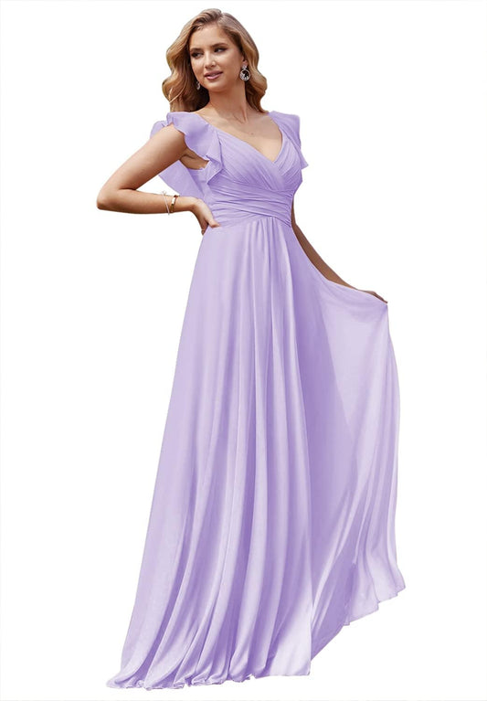 Vestidos de dama de honor largos de gasa con cuello en V y volantes para mujer, vestidos formales fruncidos con bolsillos