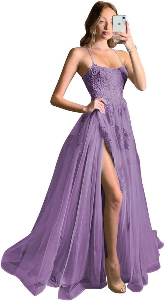 Vestidos de fiesta largos de encaje cruzado con tirantes finos y abertura para mujer 2023.