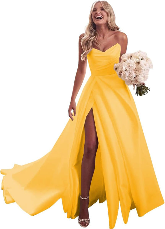 Vestidos de fiesta de satén sin tirantes con aberturas y pliegues largos, vestidos de baile formales con bolsillos