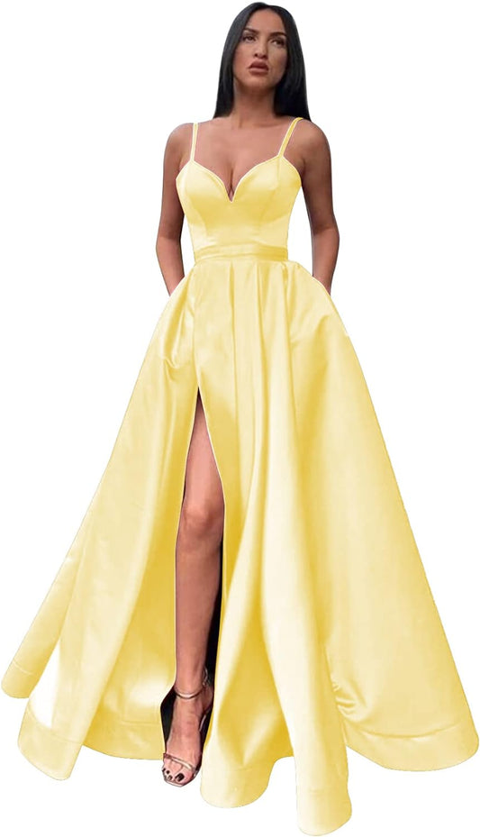 Vestido de fiesta largo con tirantes finos para mujer, vestido de noche formal de satén con abertura y bolsillos