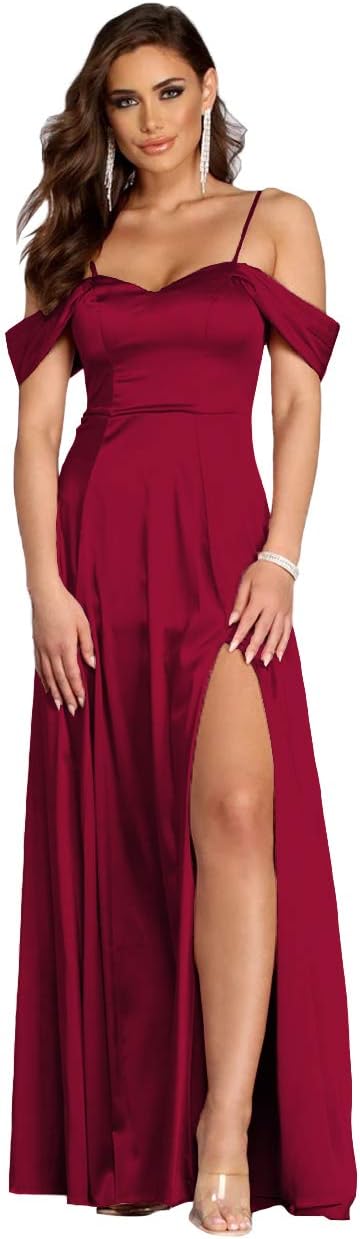 Vestidos de fiesta largos con hombros descubiertos y tirantes finos de satén para mujer, para noche, boda o fiesta.