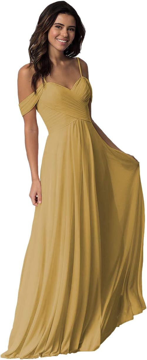 Vestidos largos de dama de honor de gasa con hombros descubiertos y bolsillos para boda de mujer