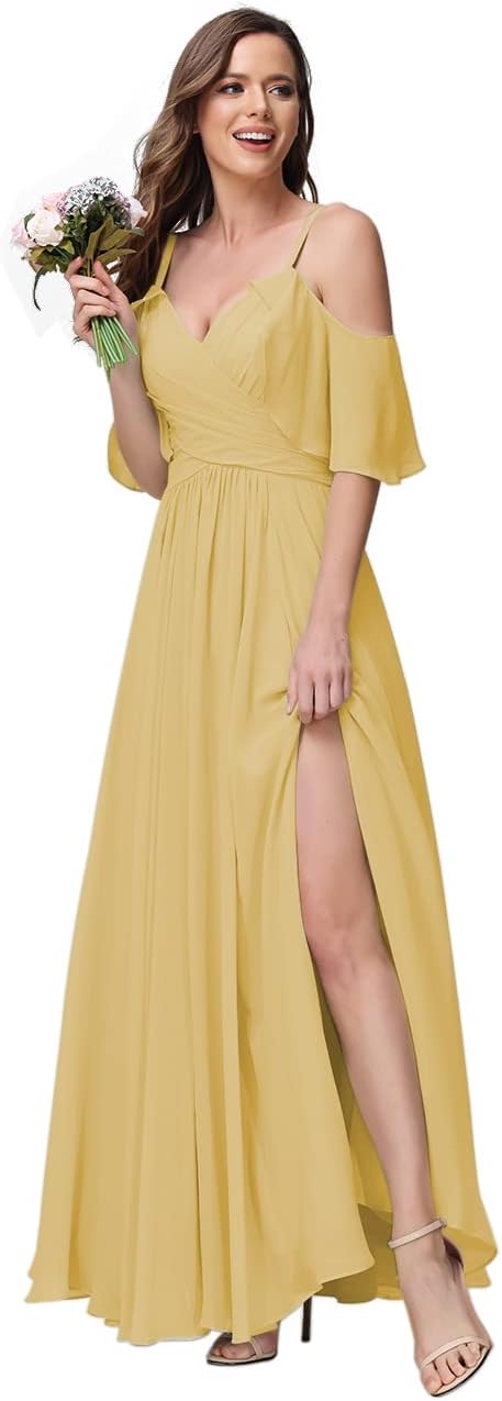 Vestido de dama de honor largo con tirantes finos y abertura en los hombros de gasa para mujer, vestido formal de fiesta