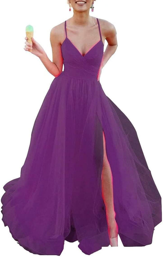 Vestido de dama de honor de tul para mujer, largo, escote en V, corte A, vestido de noche formal con abertura, vestido de baile