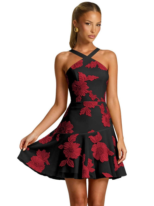 Floral Lace Homecoming Dresses for Teens Halter Mini Cocktail Party Gown A Line Short Prom Dress Graduation Dress Short HOCO Dresses for Women with Lace Appliques