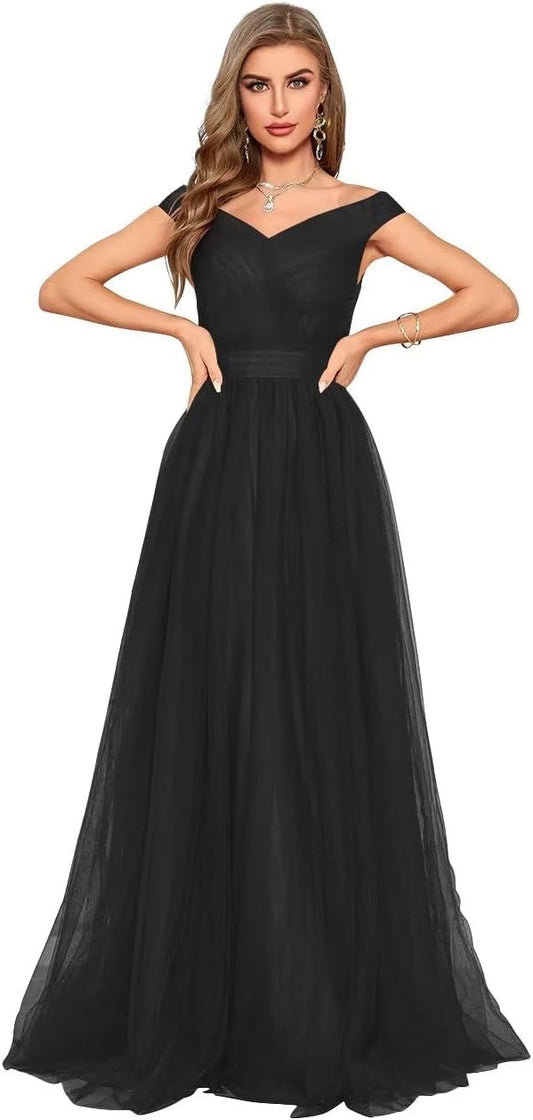 Vestido de fiesta largo con hombros descubiertos para mujer, corte A, escote en forma de corazón, tul en capas, vestido de fiesta de noche para boda