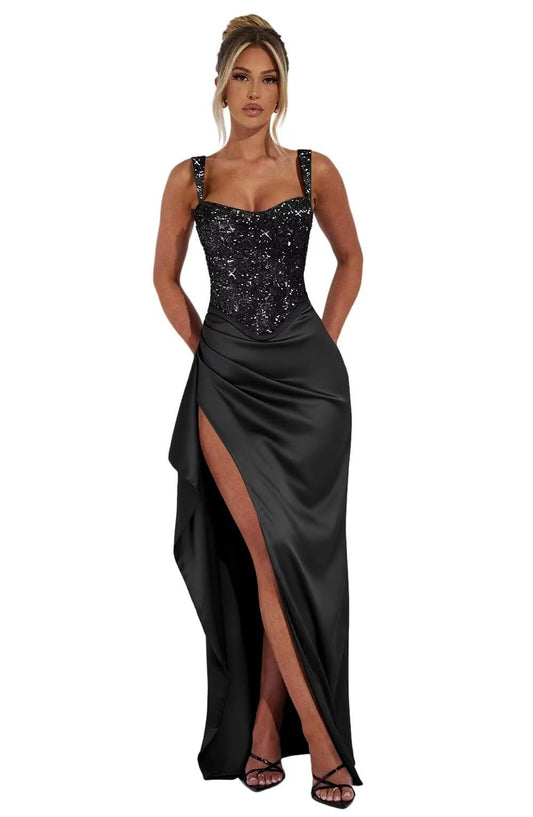 Spaghetti Straps Satin Prom Dresses for Women Mermaid Sequin Formal Dress 2026 Ruffle Evening Party Gown with Slit