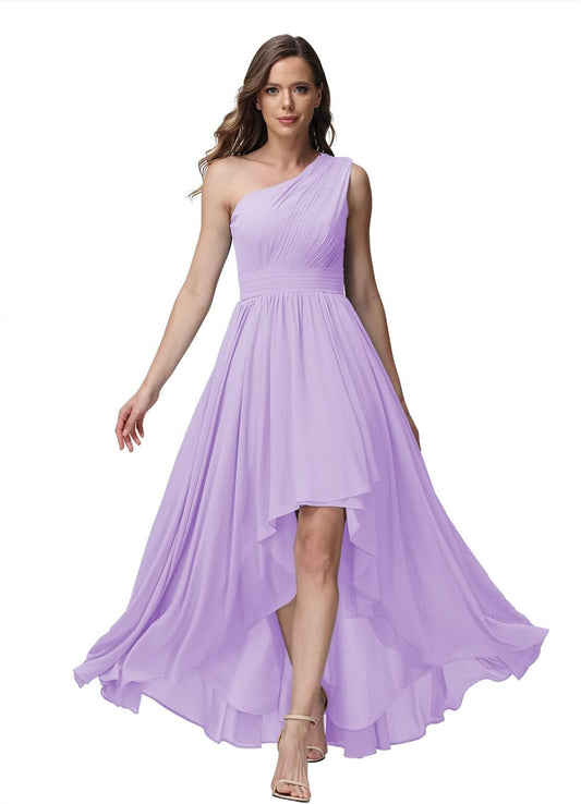 Vestido de dama de honor de un solo hombro para mujer, vestido formal de noche de gasa con bolsillos y corte alto bajo