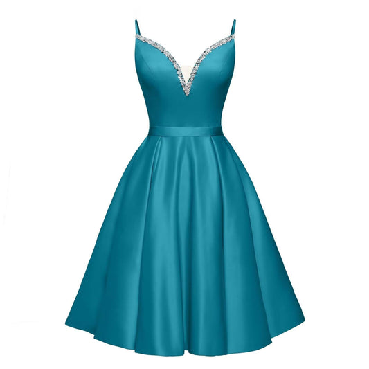 Spaghetti Straps Satin Homecoming Dresses for Teens V-Neck Short Prom Dress A-Line Beaded Cocktail Party Gowns