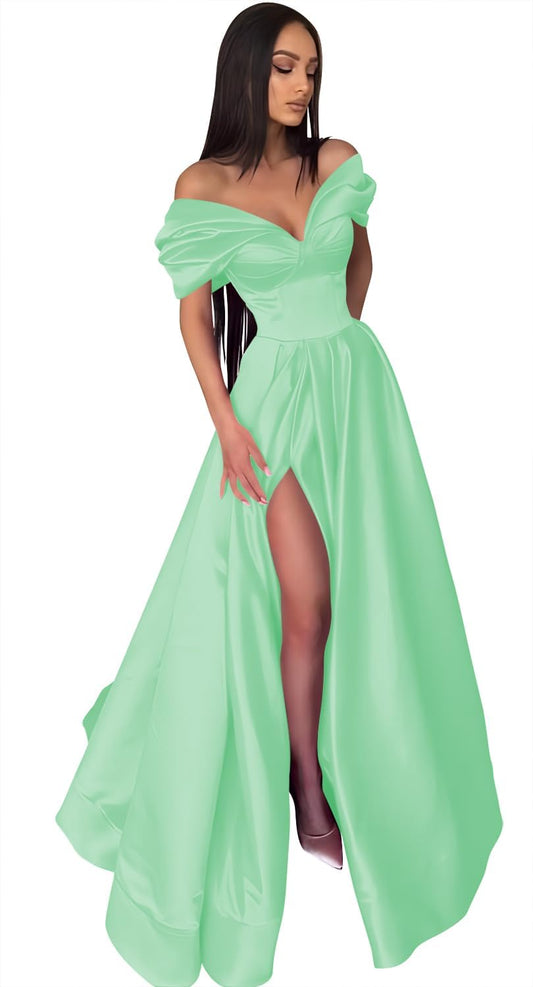 Vestidos de fiesta largos con escote en forma de corazón y hombros descubiertos para mujer, con bolsillos, pliegues, satén, vestidos de noche formales con abertura