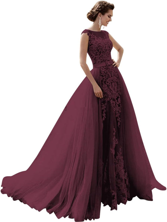 Vestido de novia de sirena con encaje y cola de tul desmontable para novia, vestido de noche para graduación