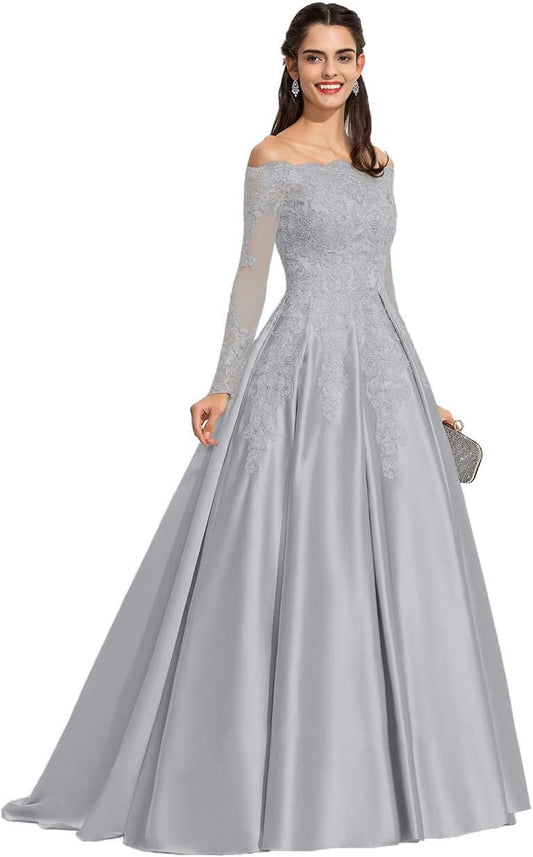 Vestidos de fiesta formales de satén con apliques de encaje y hombros descubiertos para mujer, con mangas largas