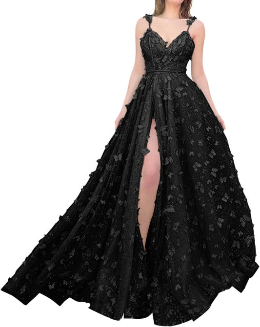 Sparkly Prom Dresses for Teens 2027 3D Butterfly Tulle Spaghetti Straps Long Slit Backless Party Gowns