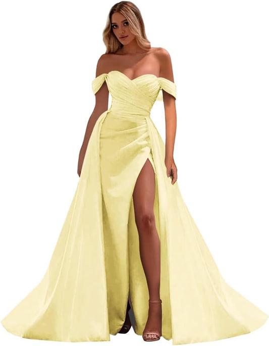 Vestidos de fiesta de satén con hombros descubiertos, corte sirena, fruncido, de noche formal, para mujer