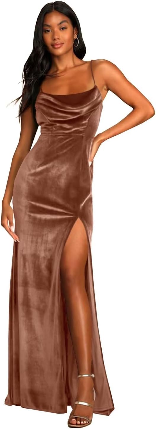 Vestidos de dama de honor de terciopelo con tirantes finos, largos, con abertura alta, sexys, formales, de noche