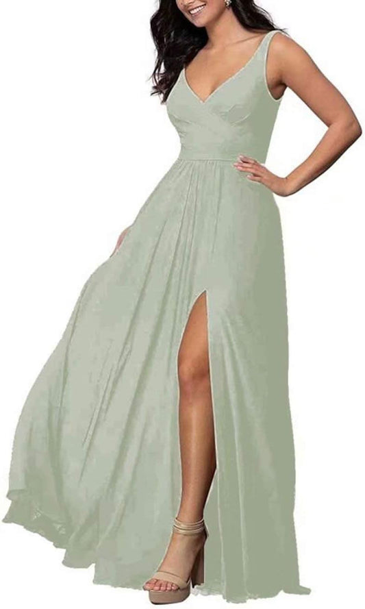 Langes Brautjungfernkleid mit Taschen, Brautjungfernkleid in Übergröße, Chiffon, A-Linie, Schlitz, Abschlussball- und Abendkleid für Damen