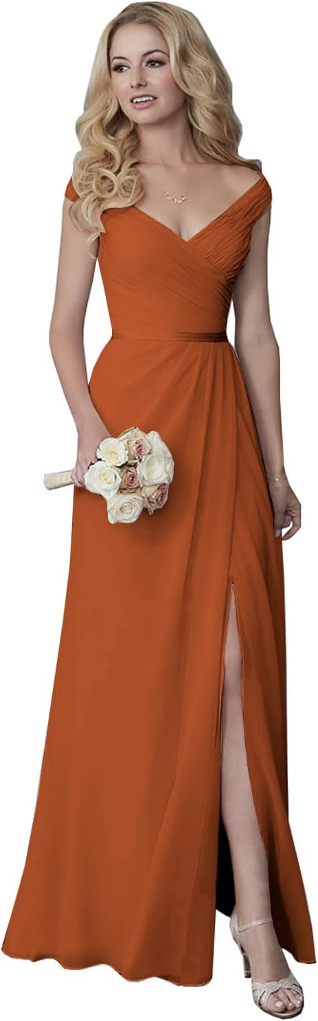 Vestidos de dama de honor con hombros descubiertos para mujer, de gasa con abertura larga, para fiesta de graduación y noche formal