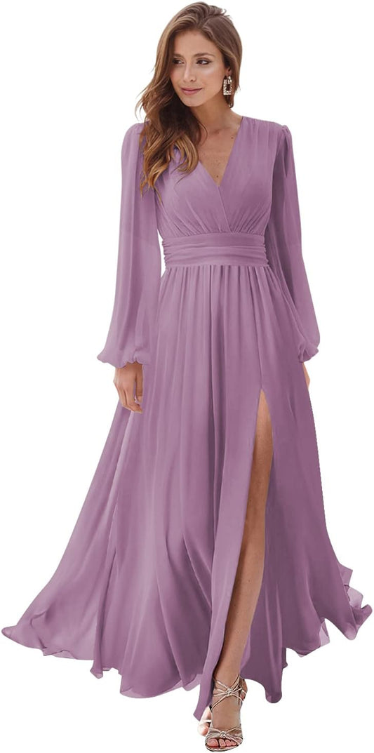 Langärmlige Brautjungfernkleider für Damen mit Schlitz, V-Ausschnitt, A-Linie, Chiffon, formelle Abendkleider mit Taschen, Kleider für die Brautmutter