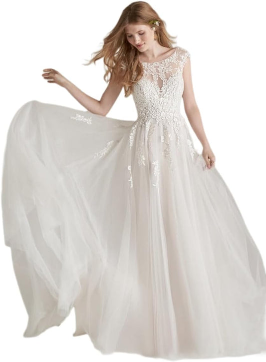 Vestido de novia de sirena con cuello en V y manga larga con apliques de encaje para mujer