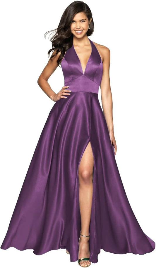 Vestidos de fiesta largos de satén con abertura y cuello halter para mujer, vestidos formales con bolsillos.