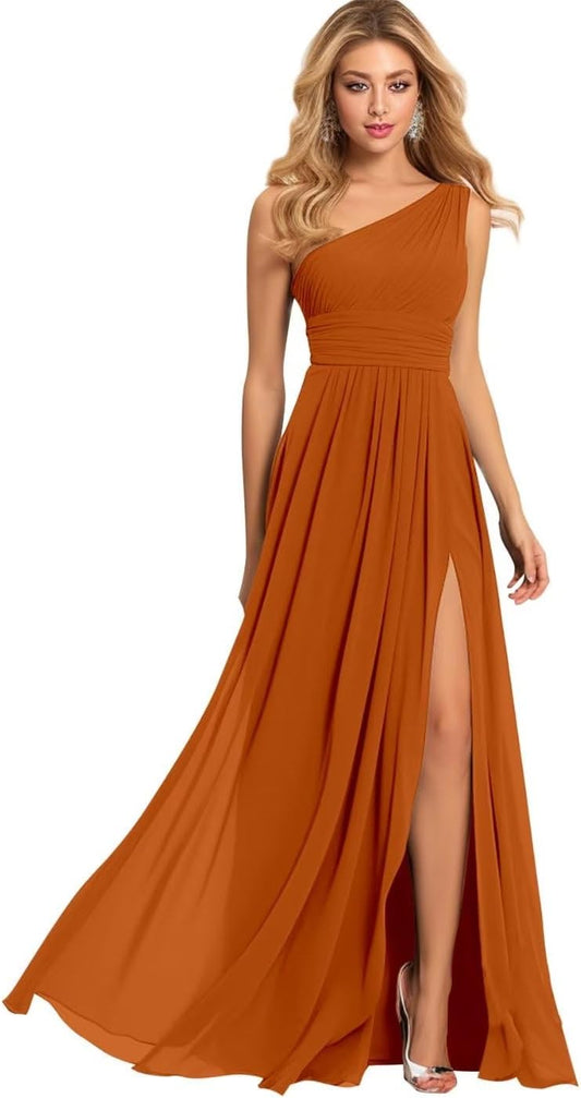 Vestidos de dama de honor de un solo hombro para mujer, de gasa, plisados, con abertura para fiesta de boda.