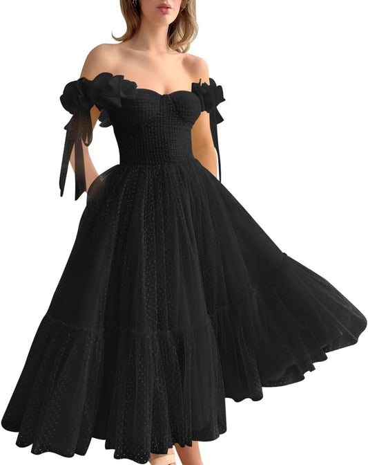 Dotted Tulle Off Shoulder Prom Dress for Women Sweetheart Midi Puffy Formal Party Gowns