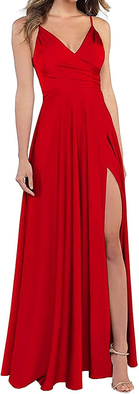 Long Bridesmaid Dresses for Women Formal Satin Spaghetti Strap Prom Evening Gowns