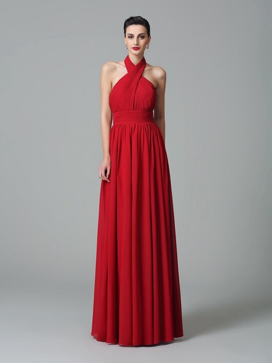 A-Line/Princess Halter Ruffles Sleeveless Long Chiffon Bridesmaid Dresses Evening Dress