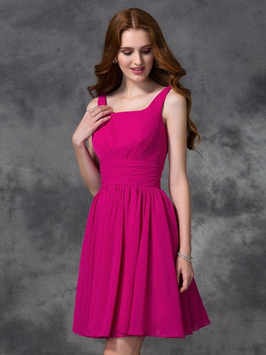 A-line/Princess Square Sleeveless Short Chiffon Junior Bridesmaid Dresses Wedding Guest Dress