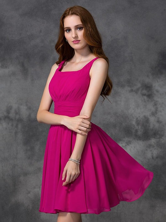 A-line/Princess Square Sleeveless Short Chiffon Junior Bridesmaid Dresses Wedding Guest Dress