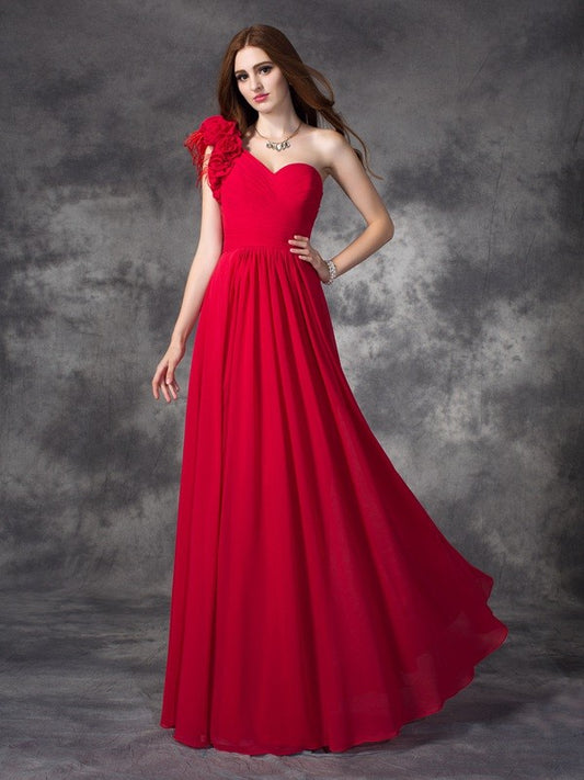 Vestido de noche de graduación de gasa largo sin mangas con flores hechas a mano de un solo hombro/princesa