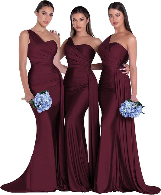 Vestidos de dama de honor de sirena con un solo hombro para mujer, largos, fruncidos, ajustados, de satén, vestidos formales para fiesta de graduación