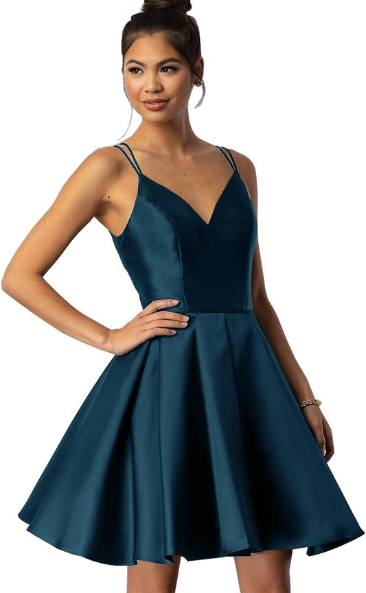 Vestidos cortos de fiesta para adolescentes (2025), de satén, con escote en V y cóctel.