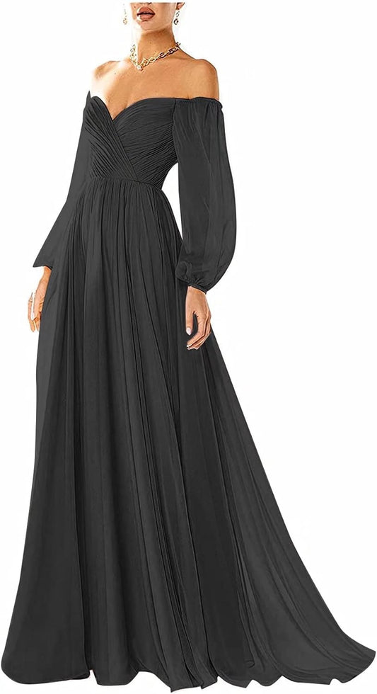 Schulterfreies Ballkleid, langärmliges formelles Kleid für Damen, plissiertes A-Linien-Abendkleid