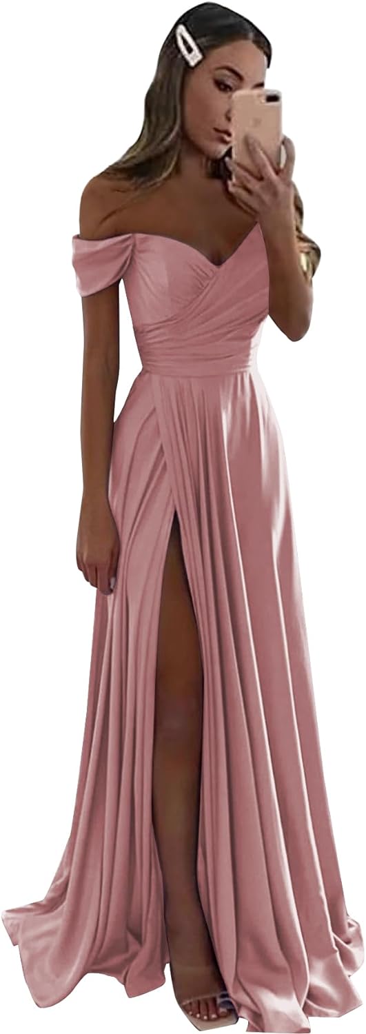 Vestidos de dama de honor de satén con hombros descubiertos para mujer, largos, para boda, vestido formal de fiesta con abertura