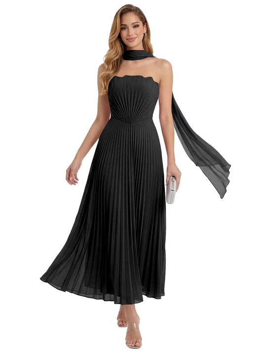 Strapless Pleated Bridesmaid Dress Tea Length Elegant Formal Prom Gown for Wedding Guest with Scarf