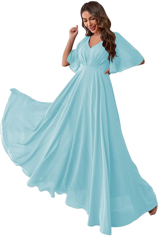 Vestido de dama de honor de gasa con mangas murciélago y bolsillos, escote en V, largo y formal de noche para mujer