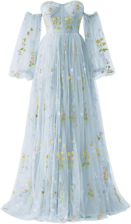 Vestidos de fiesta de tul con bordado de flores para mujer, 2024, largos, con hombros descubiertos, formales, para noche
